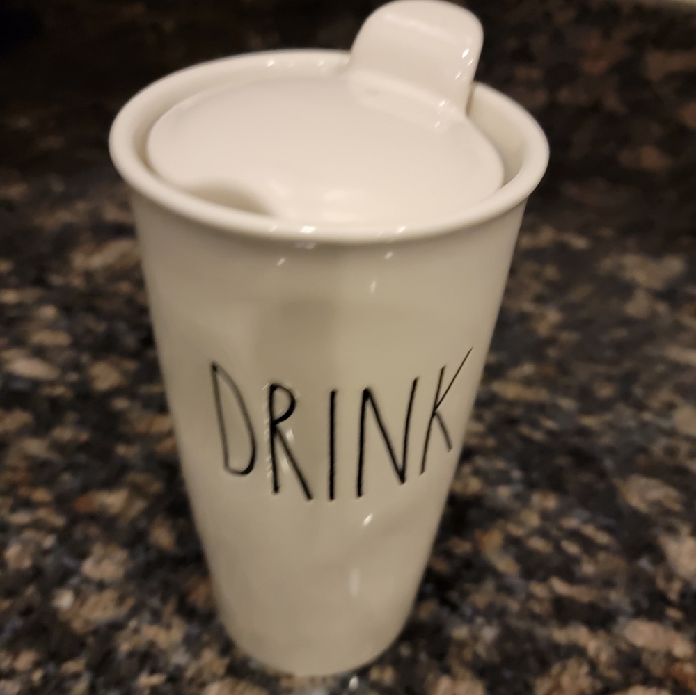 Rae Dunn DRINK Tall White Ceramic Coffee Travel Mug Tumbler with Lid - Picture 2 of 11